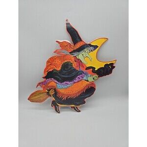 Vtg Kirk Halloween Die Cut Witch on Broom w/ Cat Cardboard Decoration Laminated